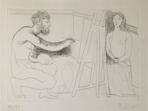 Lire la suite à propos de l’article Peintre devant son chevalet avec un modèle aux longs cheveux – Pablo Picasso